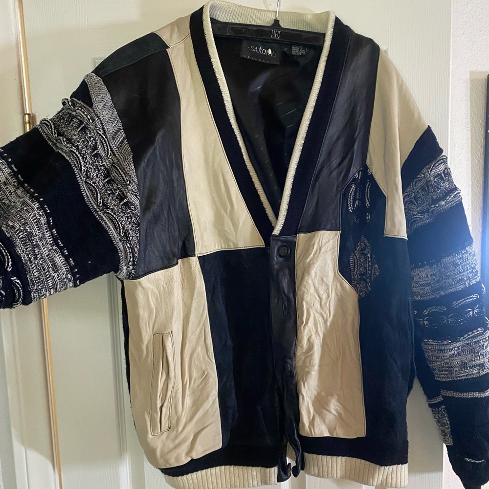 Men's Black and Cream Vintage Patchwork Leather Suede Jacket
